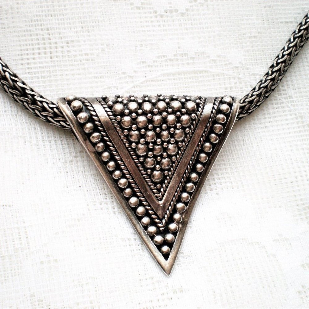 Indonesia Designer Sterling Silver Triangle Pendant Wheat Necklace Chain 101 g. - Picture 6 of 9